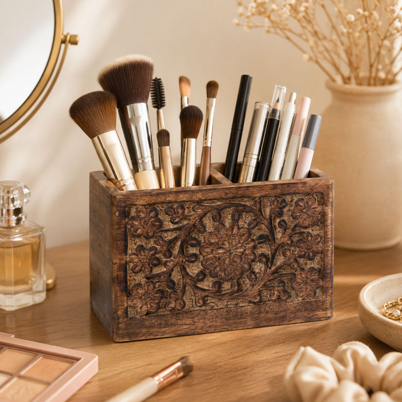 Organisateur de bureau en bois fabriqué à la main avec 2 compartiments et porte-stylo