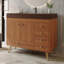 Meuble-lavabo autoportant avec comptoir en faux marbre, lavabo en céramique, 5 tiroirs et pieds en acier inoxydable-1046952354