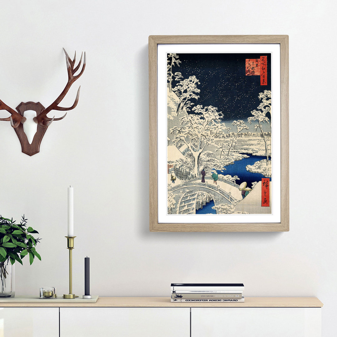 Meguro Drum Bridge and Sunset Hill by Utagawa Hiroshige - Framed Print