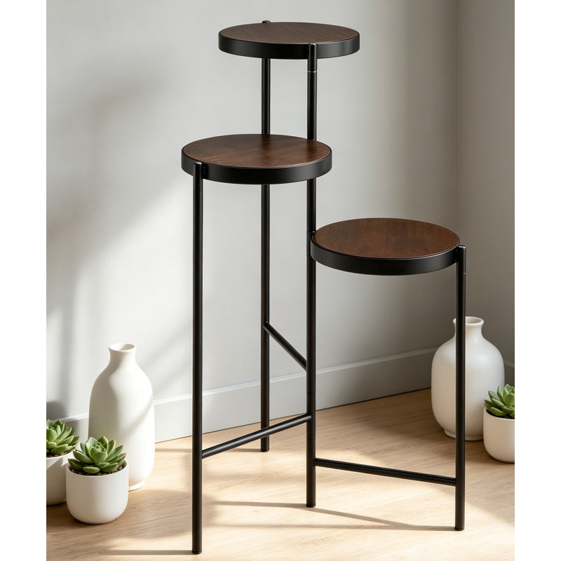 Support pour plante pliable à 3 niveaux noir et noyer