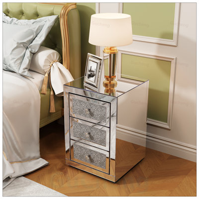 Table de chevet à 3 tiroirs avec finition brillante, idéale pour la chambre à coucher et le salon