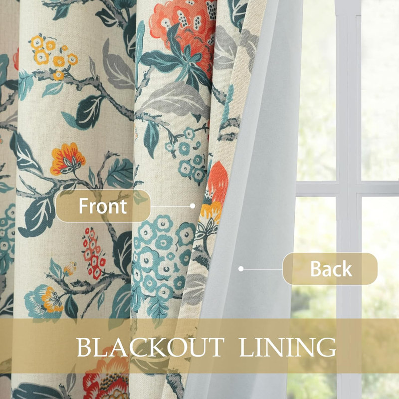 Ada Floral Print 100% Blackout Curtains for Bedroom Linen Look Thermal Insulated Grommet Curtains, 52" W x 84" L