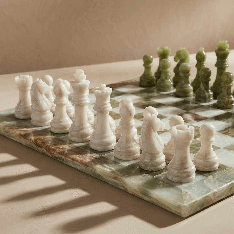 Jeu d'échecs en marbre, L 12 po x l 12 po x H 1 po, Onyx / blanc