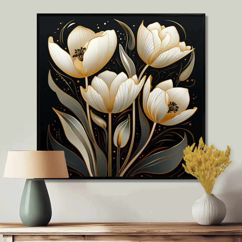 «White Glam Tulip», art mural noir, Toile avec cadre flottant noir, H 16 po x l 16 po x P 1 po