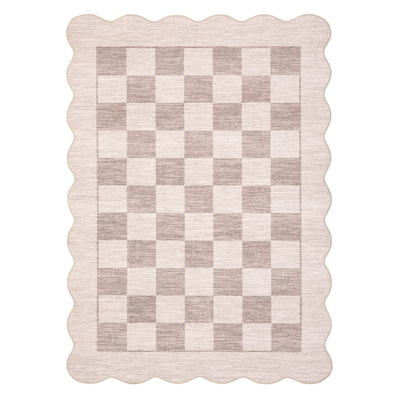 Washable Scalloped Rug Modern Checkerboard Rug Non Slip, Soft Non Shedding Thin Carpet, Indoor Low Pile Foldable Carpet, Contemporary Printed Mat for Living Room Bedroom