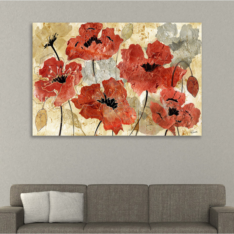 «Silver and Red Poppies», reproduction de peinture acrylique sur toile tendue, 20 po x 30 p