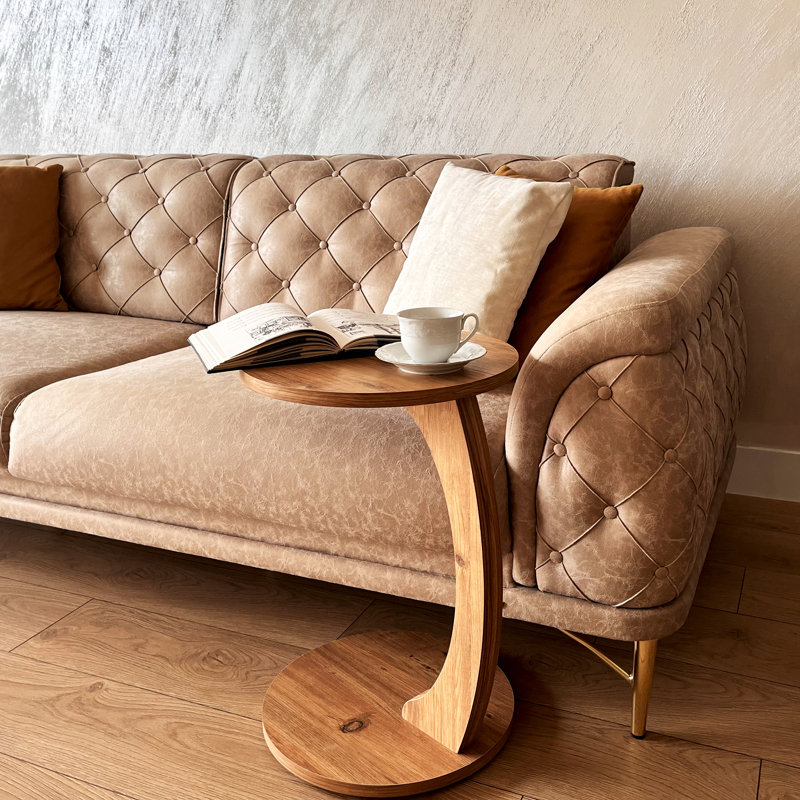 Jermichael C-Shaped Round End Table with Rolling Wheels, Brown