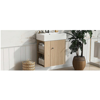 [Video]21.6 inch Modern Floating Bathroom Vanity with Ceramic Basin - Perfect for Small Bathrooms, Left side storage