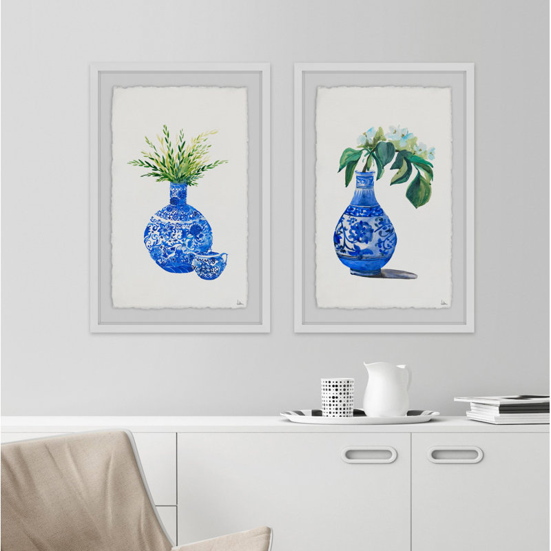 «Chinese Vases II Diptych» par Marmont Hill - reproduction de cadre photo 2 pièces, H 36 po x l 24 po x L 1,5 po, Cadre blanc