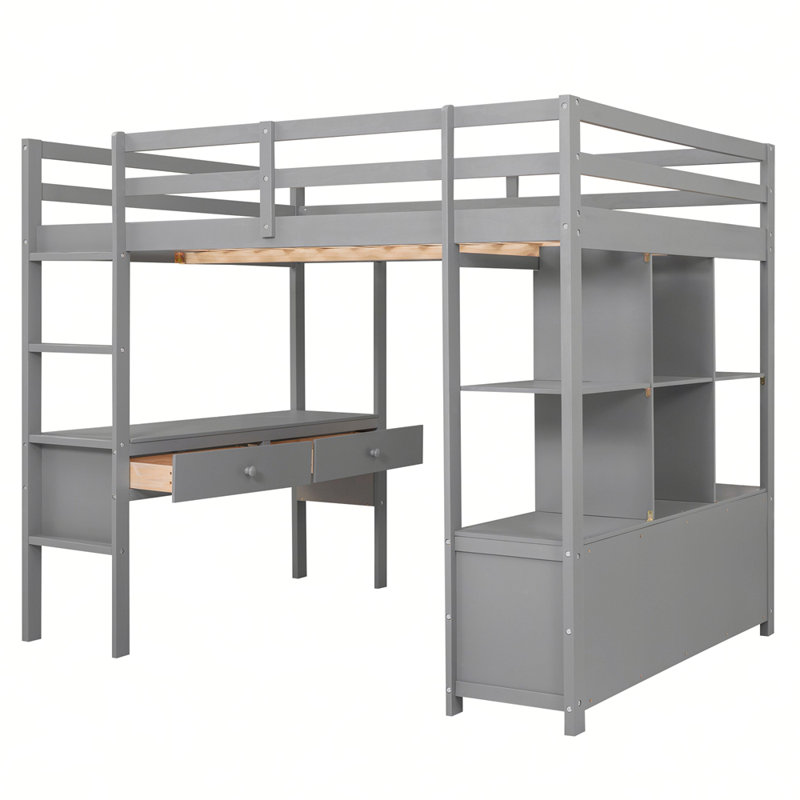 Loft Bed with Built-in Desk with Two Drawers, and Storage Shelves and Drawers, Grey