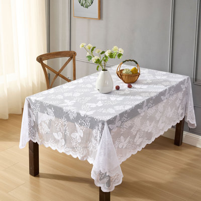 August Grove® Dearia Floral Lace Fabric Tablecloth, Lace Fabric Table Cloth for Rectangle Tables, Wrinkle Resistant Tablecloth, Patterned Scalloped Tablecloth