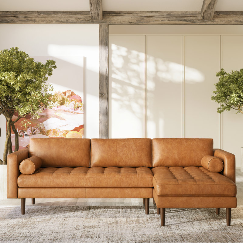 Napa Full-Grain Genuine Italian Leather Sectional, Right Hand Facing, Cognac Tan Genuine Leather