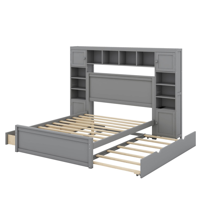 Grand lit en bois avec armoire, tablette et lit gigogne