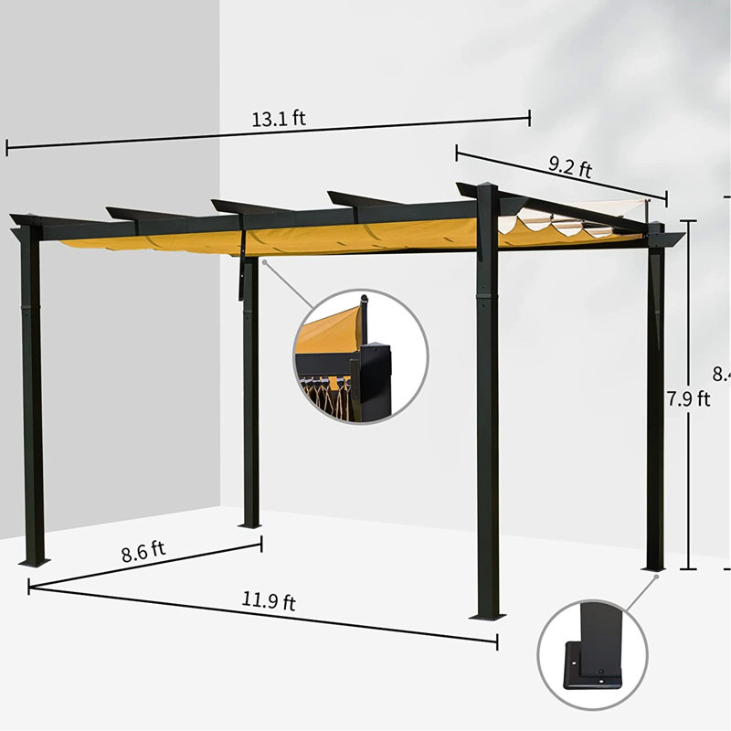 Pavillon de jardin d'extérieur en aluminium - Pare-soleil rétractable pour fête, mariage. Fabrication, conception murale. Vidange d'eau. -. Gris foncé avec abat-jour Fabrication, résistance. Jardin idéal, patio, cour arrière