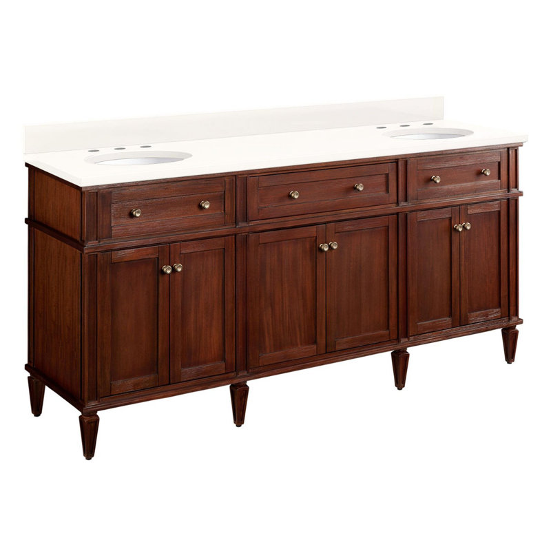 72" Elmdale Double Vanity for Rectangular Undermount Sinks, Antique Brown, Arctic White Quartz, Antique Brass