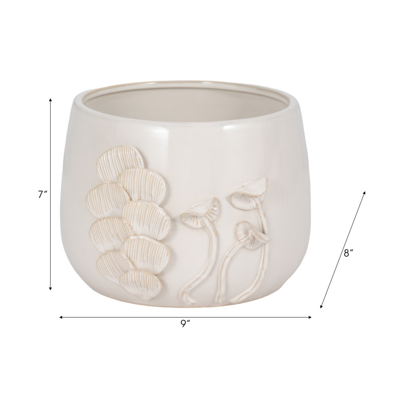 Stoneware Ceramic Planter with Textured Botanical Design., 9" H x 8" W x 7" D