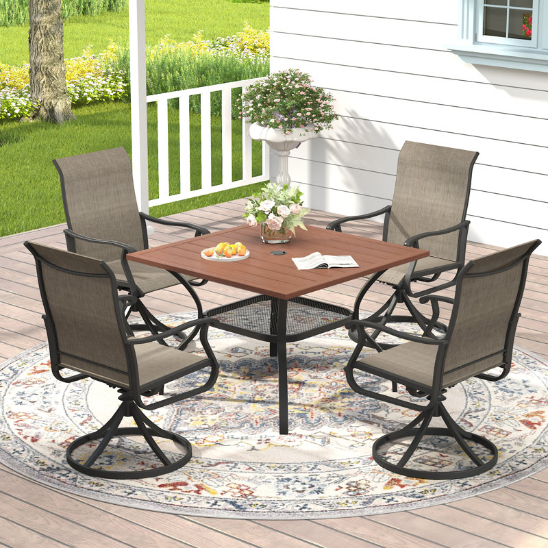4-Person Patio Dining Set with Square Dining Table with Umbrella Hole and PVC-coated polyester Swivel Chairs