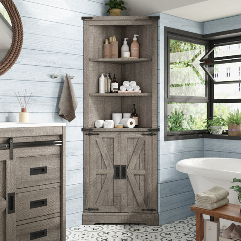 Gracie Oaks Farmhouse Tall Corner Cabinet, Barn Door Design/ Adjustable Shelves, Rustic Brown