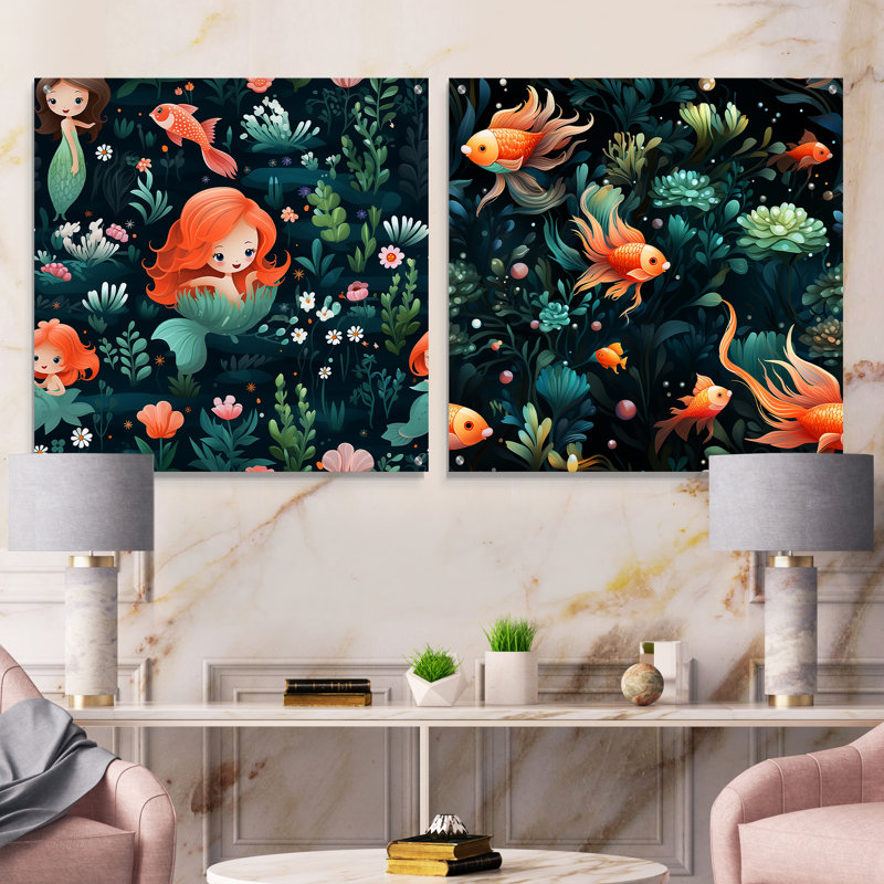 «Magical Mermaid Lagoon For Children», ensemble de 2 verres muraux en acrylique, H 36 po x l 73 po