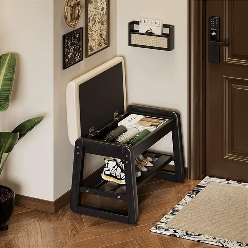 Banc à chaussures en bois massif, bancs de rangement en bois à 2 niveaux pour hall d'entrée, étagère à banc de style Mid-Century moderne, avec coussin en similicuir rembourré pour le couloir, le salon (31,4 po x 13,3 po x 16,5 po (80 cm))