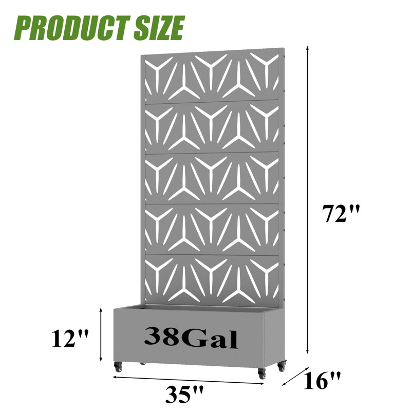 Metal Planter Box with Trellis with Wheels, 72" H x 35" W x 16" D, Gray