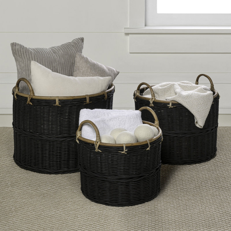 Vista Bohemian Cottage Handwoven Rattan Nesting Storage Baskets with Handles (Set of 3), Black