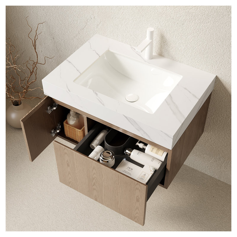 Meuble-lavabo suspendu MURI de 76 cm (30 po) avec comptoir en pierre frittée, lavabo en céramique et rangement à fermeture amortie, finition Heidelberg Woodgrain.