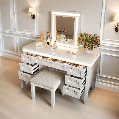 48" Modern Vanity Desk With Led Mirror & 7 Drawers – Makeup Dressing Table With Cushioned Stool