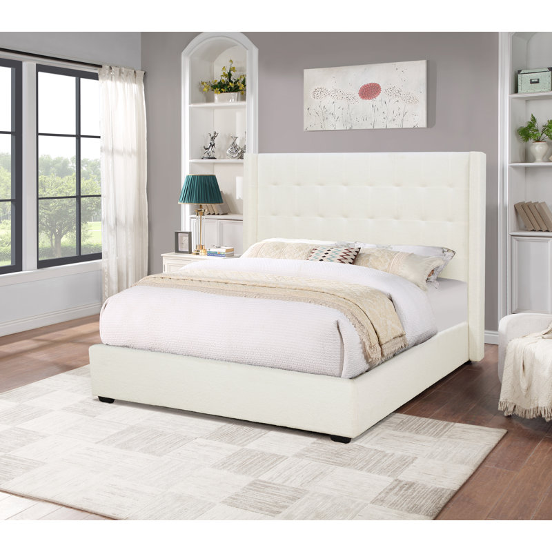 Odette Wing Bed In White Teddy Fabric, King