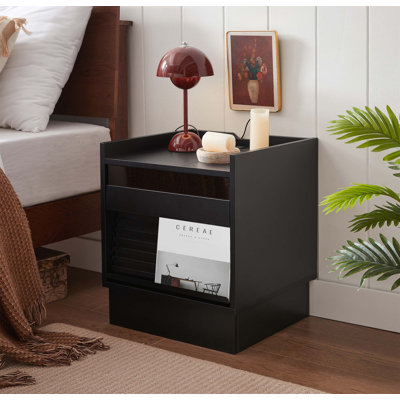 Table de chevet moderne Mid-Century avec station de charge et DEL, 2 tiroirs pour la chambre à coucher ou le salon, solution de rangement intelligente