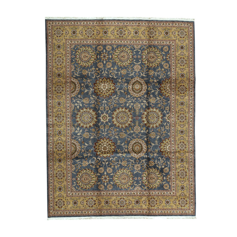 Tapis oriental en laine noué à la main Manchuria doré / cyan foncé