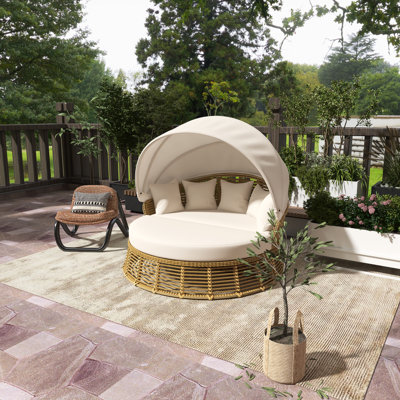 Outdoor Patio Rattan Round Daybed With Retractable Canopy With Removable Cushions