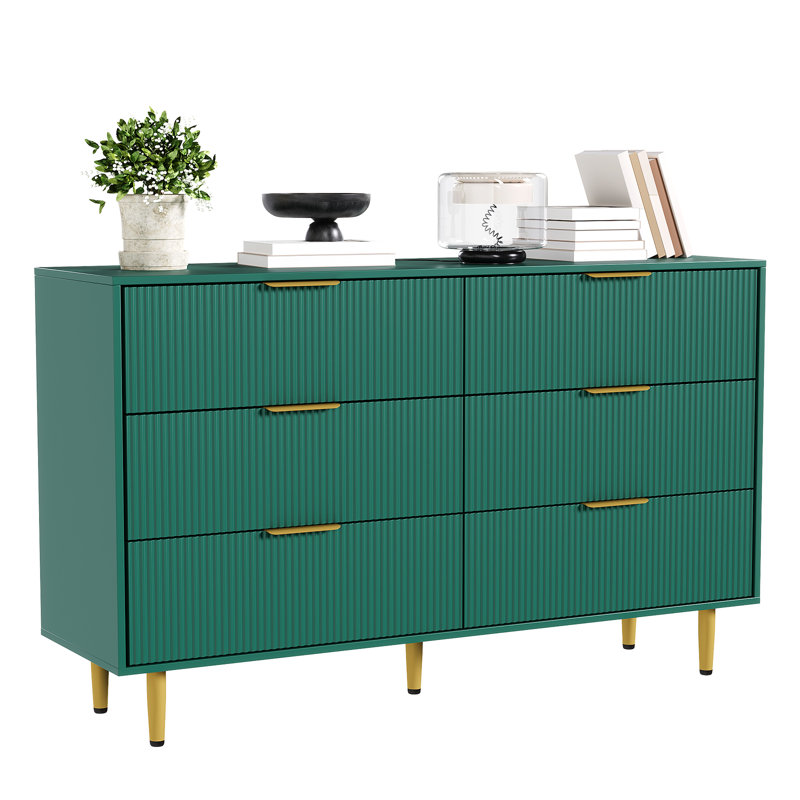 Commode à 6 tiroirs cannelés, commode en bois de 56 po de largeur avec poignées dorées, rangement pour le couloir et l'entrée