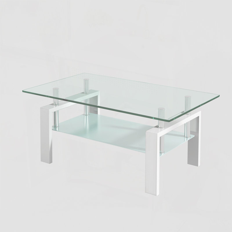 2-Layers Tempered Clear Glass Coffee Table, Clear, White
