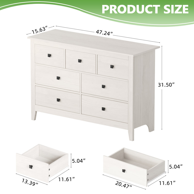 Wide 7-Drawer Farmhouse Bedroom Storage Dresser with Anti-Tip Kit, White