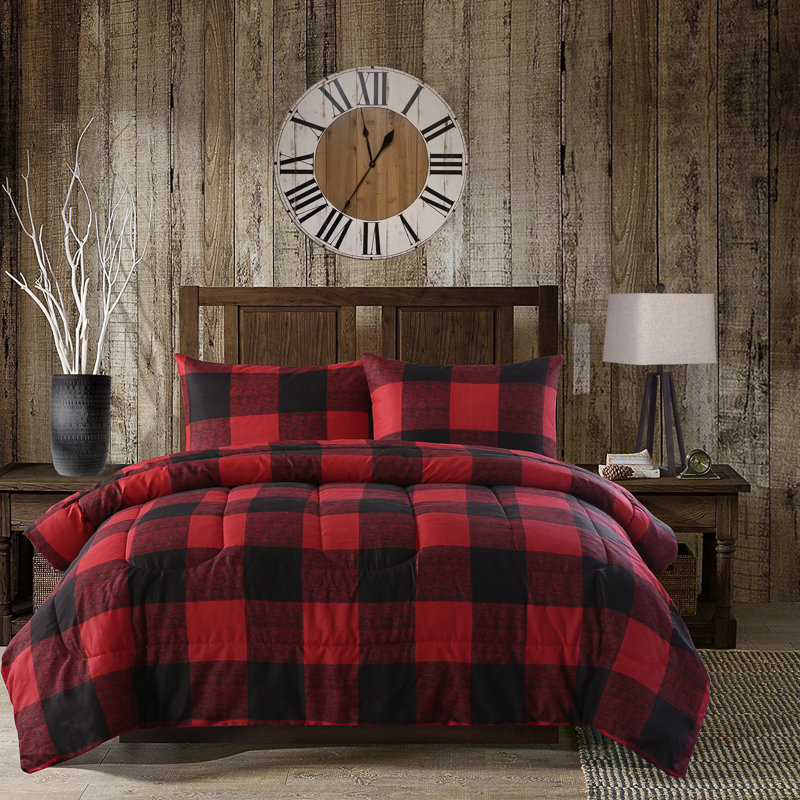 Ring Stitch Plaid Comforter, Queen Comforter + 2 Shams, Red/Black