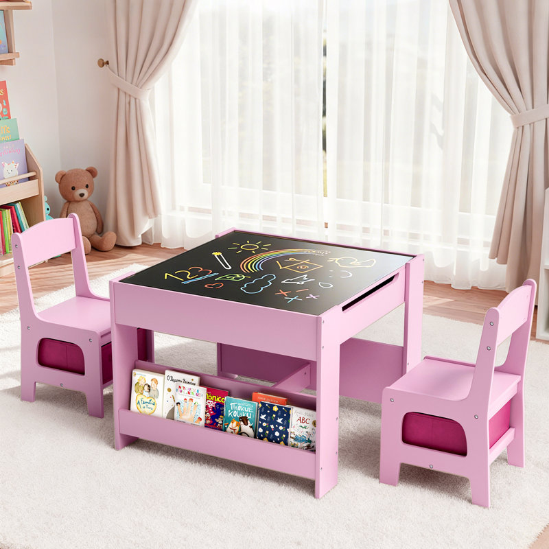 Kids Table And Chairs Set, 4 In 1 Toddler Art Desk With Storage Drawer, Wooden Activity Deskboard, Blackboard, Reversible & Detachable Tabletop, Bookshelf For Drawing, Playing, Learning(pink)