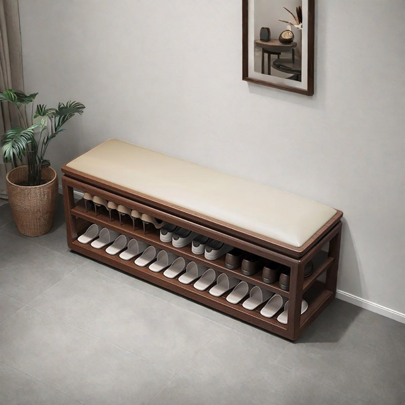 47.2in Shoe Changing Stool Shoe Storage Bench, Beige/Dark Walnut