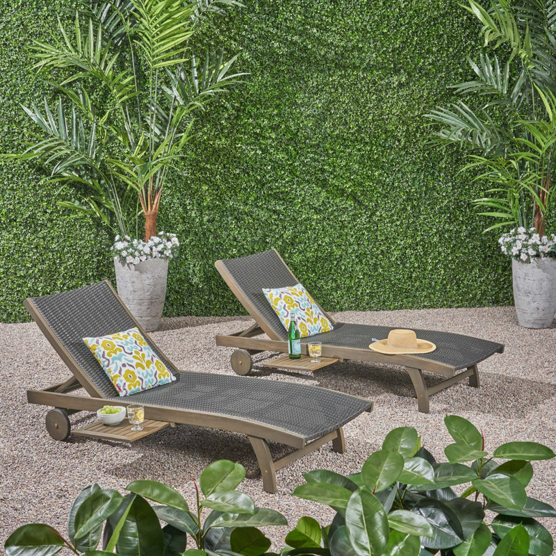 Outdoor Solid Wood Frame Recliner Set of 2 with Pull Out Tray and Rollers, Gray