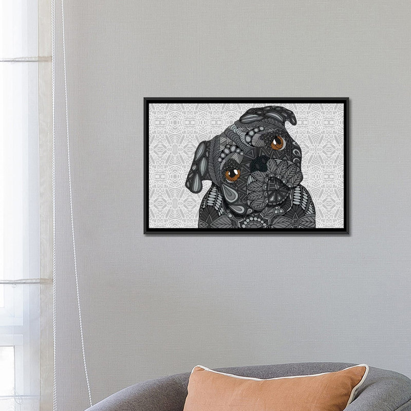 Carlin noir, impression sur toile tendue, H 18 po x l 26 po x P 1,5 po, Toile avec cadre noir, Blanc
