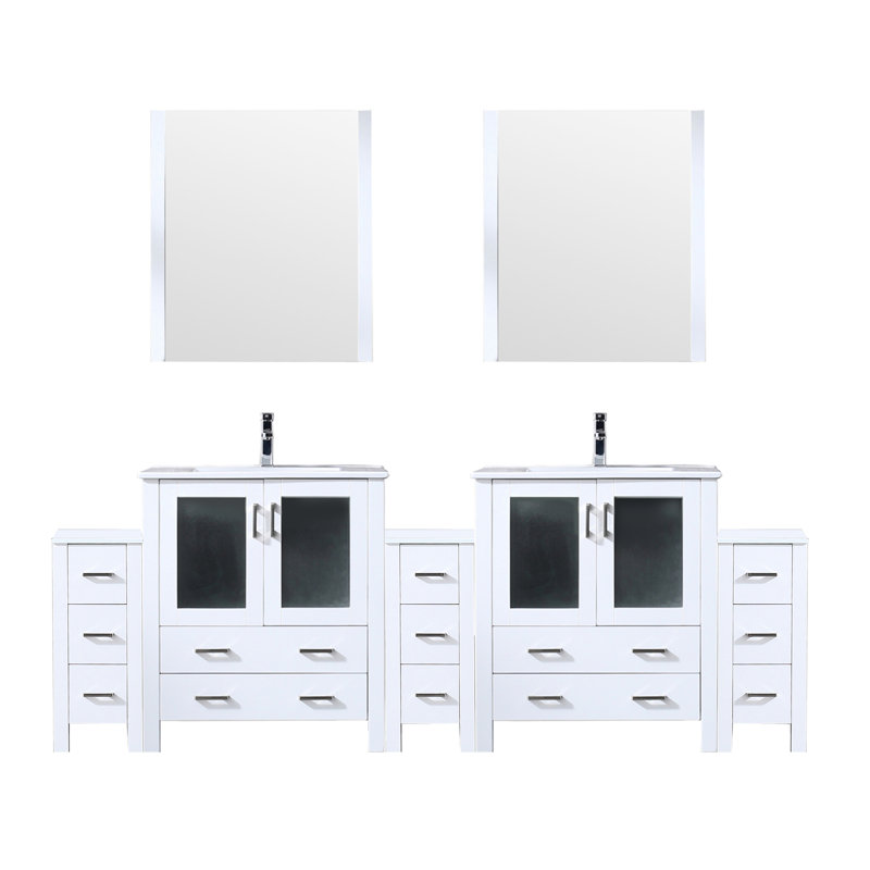 96 po Meuble-lavabo double W, comptoir en céramique blanche, armoires latérales, 28 miroirs, lavabo à robinet et à décoloration blanc, comptoir, ébréchure durable