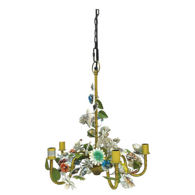 Round Metal Vintage Reproduction Toleware Flowers Chandelier With 5 Lights