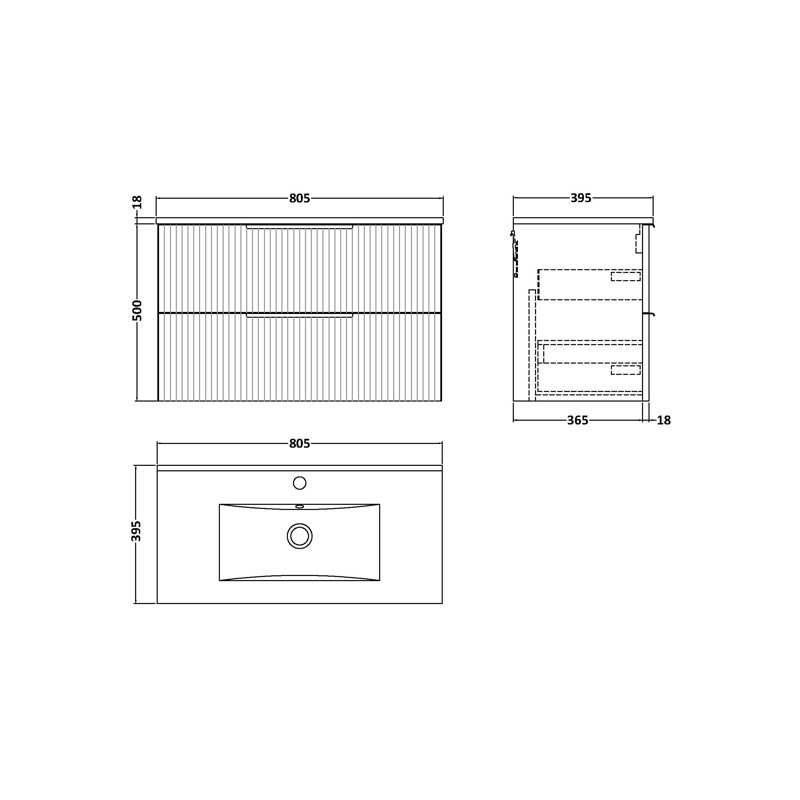 Fluted 800mm Single Bathroom Vanity with Drop In Vitreous China Basin, Satin Green