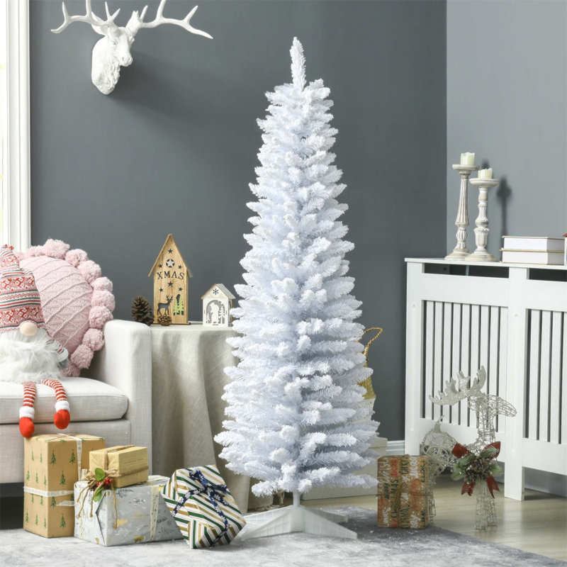 Arbre de Noël artificiel enneigé 5 pi avec conception mince et branches réalistes et base en plastique durable