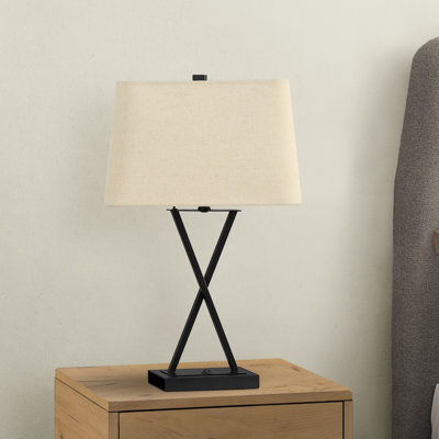 H 25 po, lampe de table, port USB inclus, métal noir, abat-jour beige, transitionnel, éclairage, lampe de table