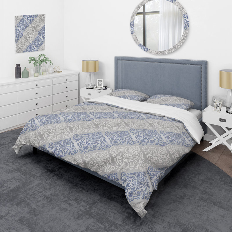 Grey and Blue Damask - Abstract Duvet Cover Set - Microfiber Polyester
