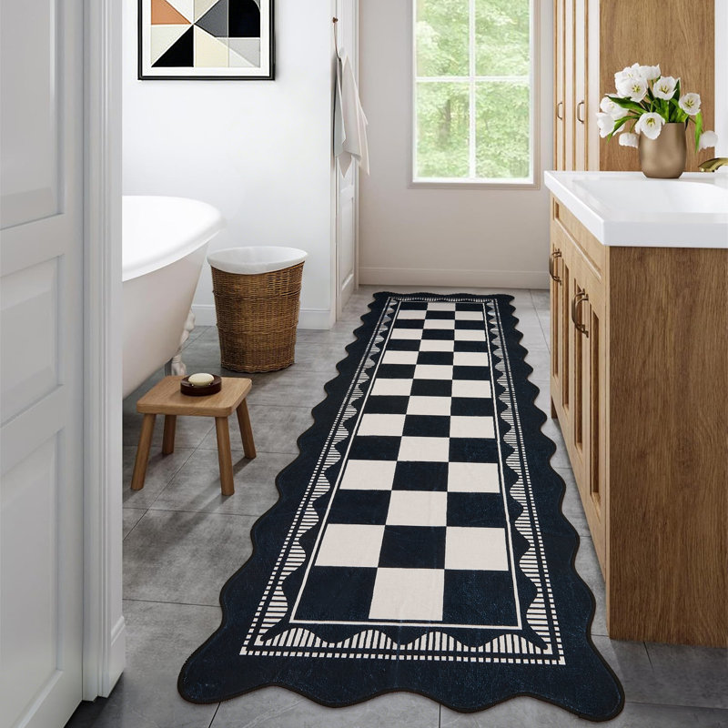 Tapis de couloir 2 pi x 6 pi festonné en damier festonné, envers en TPR antidérapant, tapis à bordure rétro pour vestibule d'entrée de cuisine