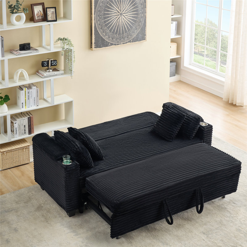 Jeffrey Convertible Corduroy Sofa Bed with Adjustable Backrest & Cup Holders, Black