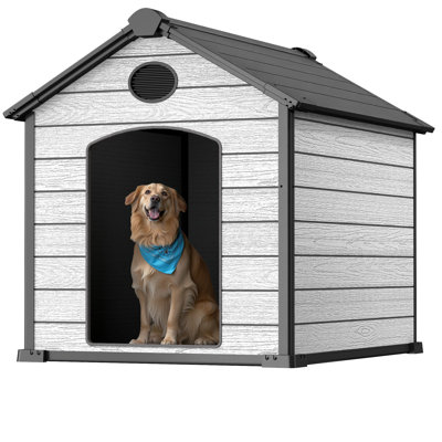  Large Dog House Outdoor Weatherproof, Insulated Igloo Dog House with Elevated Floor, 3XL Big Dog House for 2 Large Dogs Outside, Extra Durable Resin Plastic, Cemented Grey
