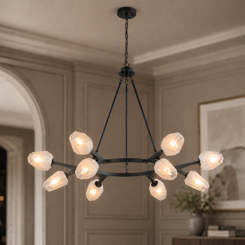 Lustre 12 lumières moderne avec abat-jour géométrique en verre